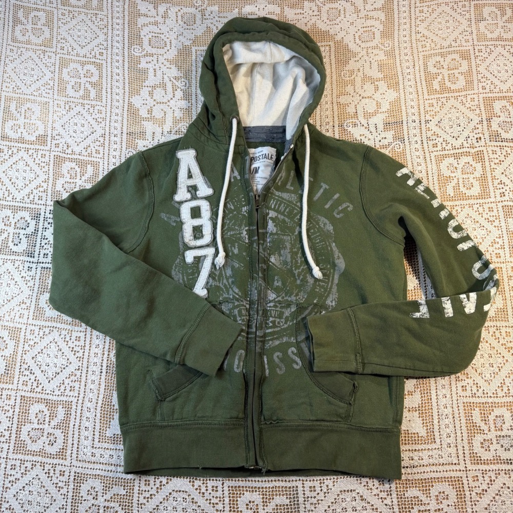 Aeropostale Y2K Mens Olive Green A87 Graphic Full Zip Hoodie Sweatshirt Medium